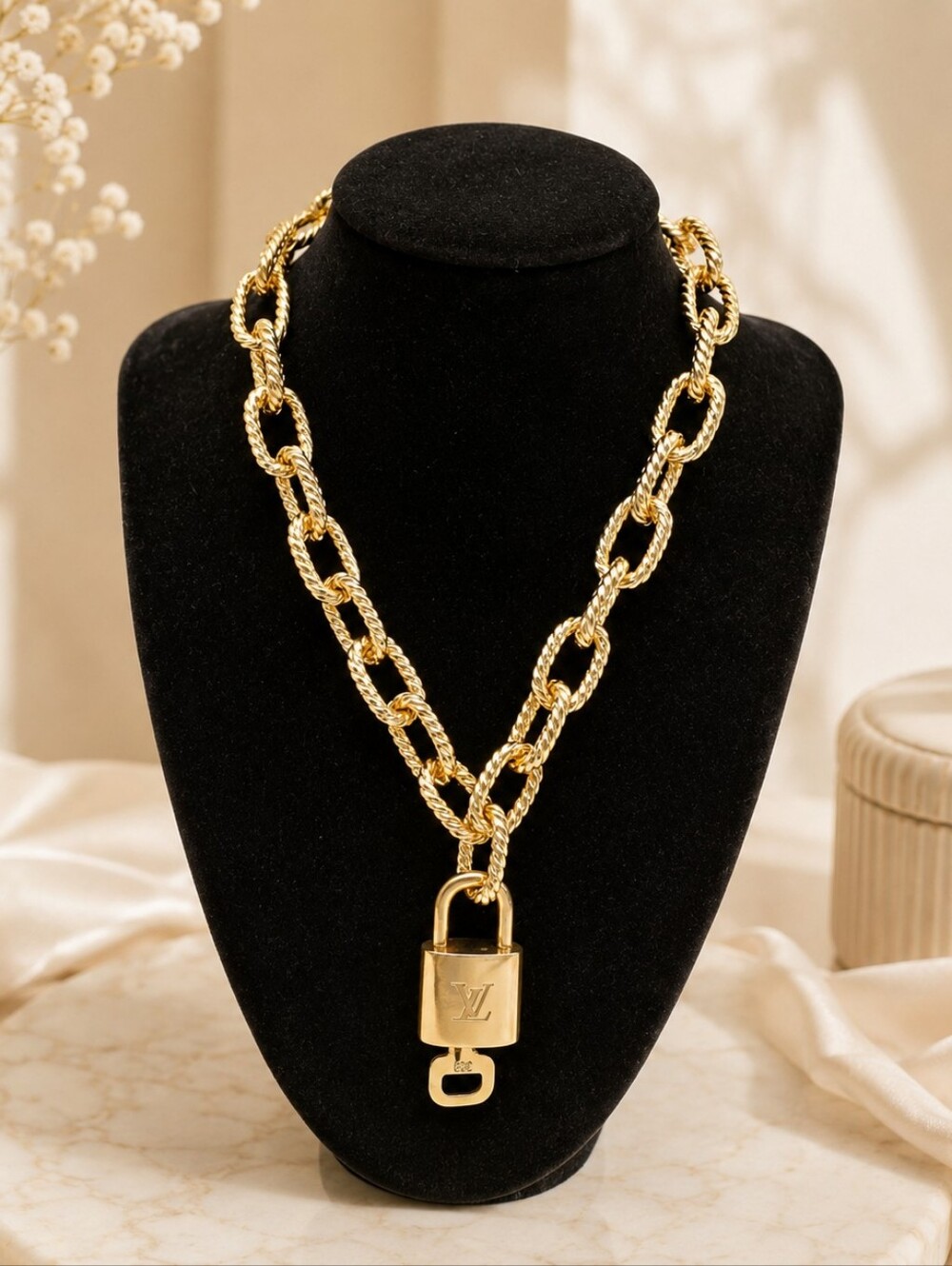 Authentic Louis Vuitton Lock and Key Gold Color with Gold Plated Chain Necklace